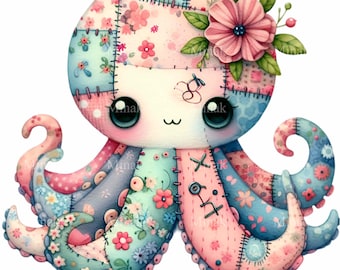 Könnte beinhalten: Ein süßer Patchwork-Oktopus mit einer rosa Blume auf dem Kopf. Der Oktopus ist aus verschiedenen Stoffen gefertigt und hat einen angenähten Knopf am Körper. Der Oktopus ist eine skurrile und farbenfrohe Illustration.