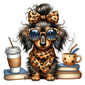 Coffee Dachshund Clipart PNG - 15 Adorable Cartoon Dachshund with Leopard Print Accessories and Coffee, Whimsical Illustration