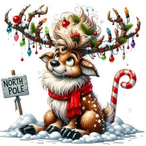 Clipart renne de Noël PNG - 10 mignons rennes avec bois et signe du pôle Nord