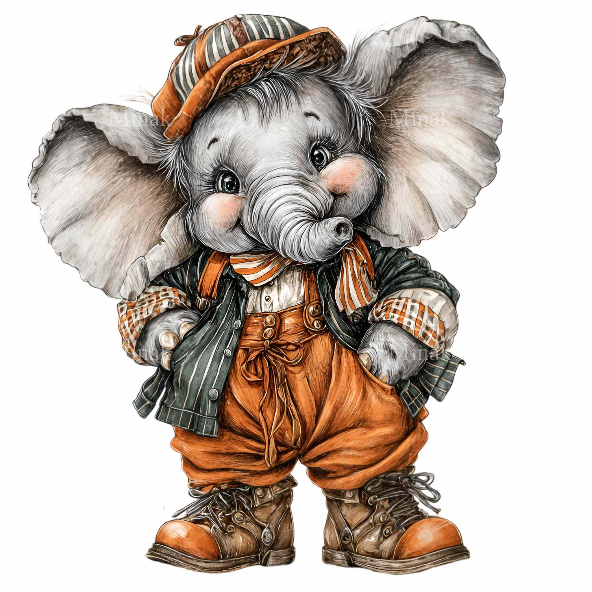 16 PNG Vintage Elephant Baby Boy Nursery Clipart, Orange Overalls
