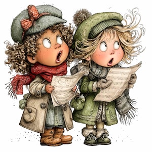 10 PNG kolędników – Winter Girls PNG Clipart – urocze śpiewające dzieci z nutami na kartki świąteczne, dekoracje i scrapbooking