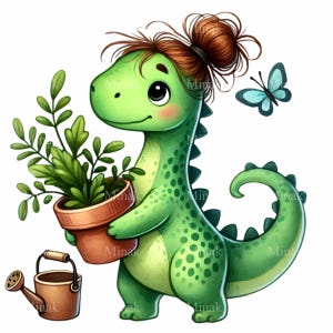 12 dinosaure mignon avec plante PNG, jardinage Dino Clipart, art vert Dino, image dinosaure Kawaii, téléchargement numérique pour les enfants