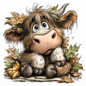 May include: A cartoon illustration of a Highland cow with large, expressive eyes and a thoughtful expression. The cow is brown with shaggy fur and is surrounded by autumn leaves in shades of brown and green. The image has a whimsical, friendly feel.
