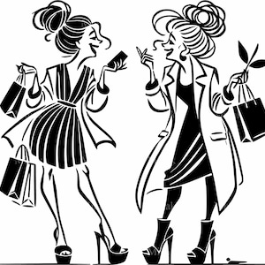 Archivo de corte SVG de 4 amigas de compras: dos mujeres de moda con bolsos y tacones altos charlando - Clipart de chicas con estilo