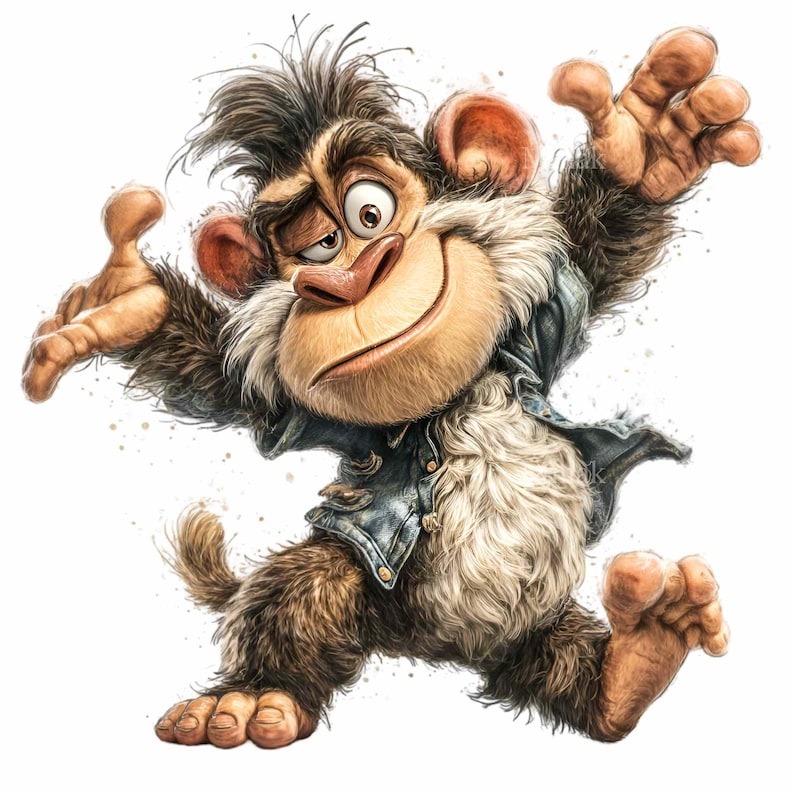 May include: A cartoon illustration of a monkey with brown fur, a tan face, and large ears. The monkey is wearing a denim jacket and has a playful expression, with its arms outstretched as if dancing. The background is white with subtle paint splatters.