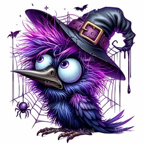 12 Cute Purple Raven PNG Clipart - Pássaro de bruxa de Halloween com chapéu, penas fofas e teia - Arte de download digital assustadora