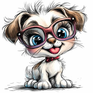 15 Cute Puppy PNG Clipart, Adorable Dog with Big Glasses and Bow, Cartoon Pet Digital Art, Instant Download