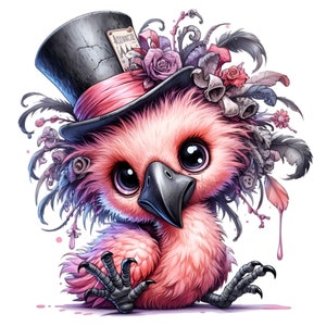 K&ouml;nnte beinhalten: Eine skurrile Illustration eines rosa Vogels mit gro&szlig;en, ausdrucksstarken Augen. Er tr&auml;gt einen schwarzen Zylinder mit einem rosa Band und ist mit floralen und Feder-Akzenten verziert. Der Vogel hat einen schwarzen Schnabel und Krallen, vor wei&szlig;em Hintergrund.