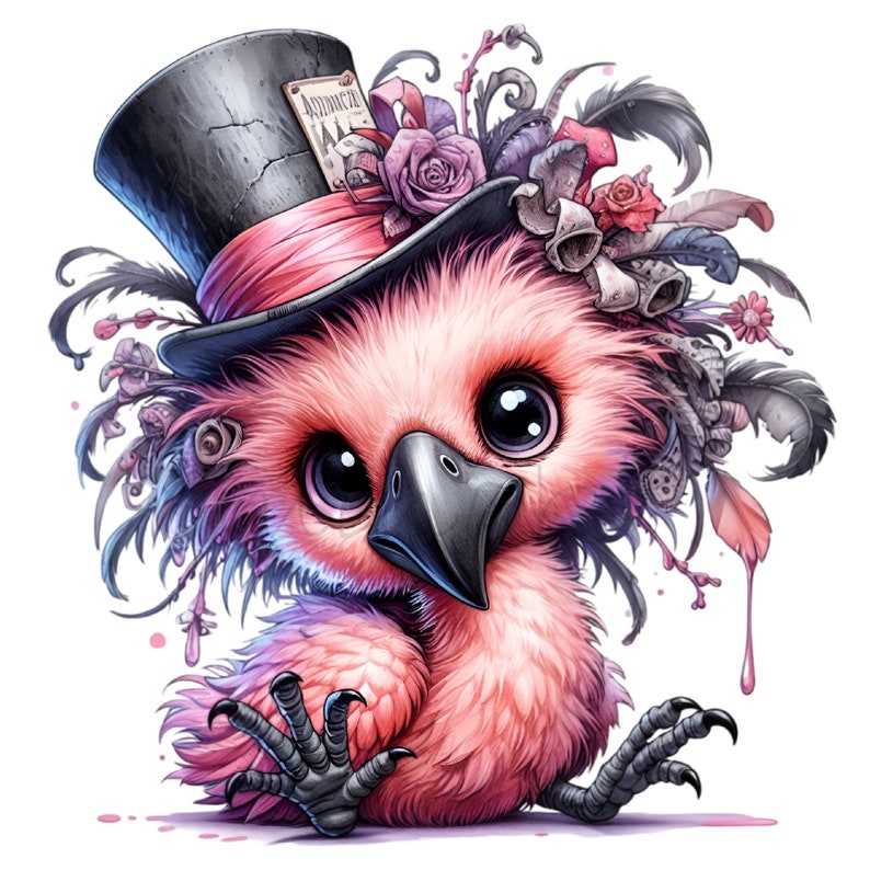 K&ouml;nnte beinhalten: Eine skurrile Illustration eines rosa Vogels mit gro&szlig;en, ausdrucksstarken Augen. Er tr&auml;gt einen schwarzen Zylinder mit einem rosa Band und ist mit floralen und Feder-Akzenten verziert. Der Vogel hat einen schwarzen Schnabel und Krallen, vor wei&szlig;em Hintergrund.
