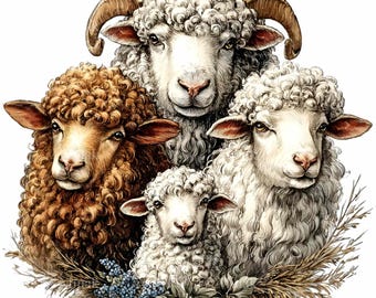 10 PNG Sheep Family Rustic Farmhouse Clipart, Lamb Portrait, Country Sublimation