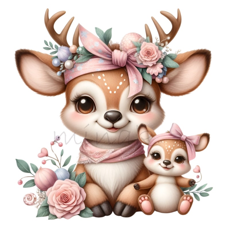 Puede incluir: Una madre y un cervatillo con diademas florales rosas y una bufanda rosa. La madre ciervo est&aacute; sentada con las piernas cruzadas y el cervatillo est&aacute; sentado frente a ella. Ambos miran al espectador.