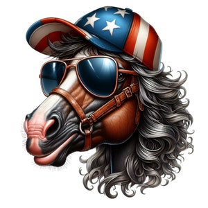 12 png patriottisch paard png – cowboy clipart VS – grappig dier van 4 juli met zonnebril voor t-shirts, bekers, knutselen, sublimatie