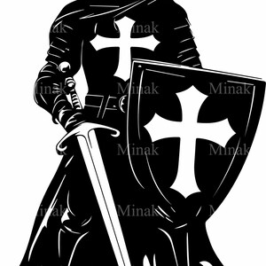 Archivo de corte SVG de caballero cruzado con escudo y espada, clipart de guerrero medieval, diseño de caballerosidad y honor para Cricut y corte láser