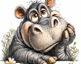 14 PNG Hippo Clipart – Funny Cartoon Animal, Nursery Art (Digital Download)