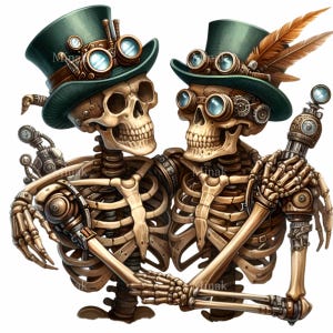 12 png steampunk skelet paar clipart met bril en hoge hoeden, romantische mechanische botten kunst voor Halloween of gotisch decor