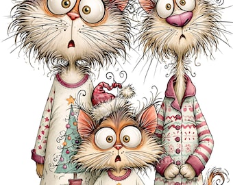 15 Drei Katzen Weihnachtspyjamas (PNG), lustige Katzenfamilien-Weihnachtspyjamas-Cliparts