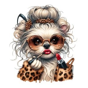 15 Chic Dog with Sunglasses, Lipstick, and Leopard Print Accessory - Stylish PNG Clipart Design
