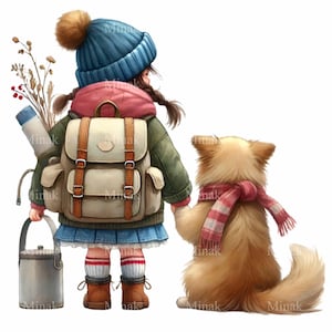 14 imágenes PNG de niña y perro de espaldas, ilustración de atuendo de invierno con mochila y bufanda, arte de amistad con mascotas para manualidades e impresiones