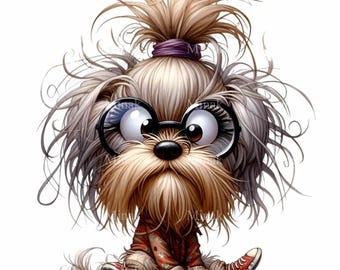 12 PNG Messy Hair Dog Clipart, Yorkie with Glasses, Funny Puppy Pet Lover Gift