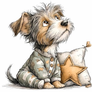 Op de afbeelding: Een illustratie van een kleine hond in pyjama, zittend naast een stervormig kussen. De hond heeft bruin en wit haar en kijkt omhoog. De pyjama is lichtgroen met een sterrenpatroon. Het kussen is beige.