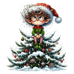 15 PNG Christmas elf clipart - cute holiday character - festive winter illustration, Christmas tree decor design, DIY greeting card artwork