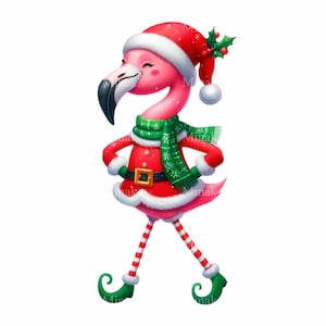 Image clipart flamant rose de Noël PNG - Oiseau des fêtes PNG - Père Noël tropical amusant pour décoration de plage, cartes de voeux et travaux manuels festifs
