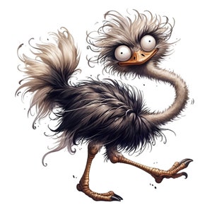 15 imágenes PNG de avestruz divertidas, avestruz de dibujos animados con plumas desordenadas, arte mural humorístico de animales de granja, descarga digital
