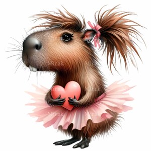 K&ouml;nnte beinhalten: Ein braunes Capybara, das einen rosa Tutu tr&auml;gt und ein rosa Herz h&auml;lt. Das Capybara hat eine rosa Schleife im Haar.