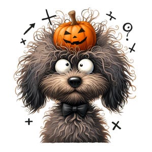 14 PNG Clipart de caniche de Halloween: divertido perro negro con sombrero de calabaza - PNG para decoración de otoño, manualidades espeluznantes o amantes de las mascotas