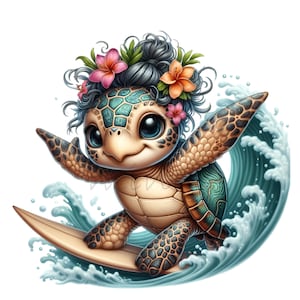 15 PNG Tortue de surf - Tortue de plage PNG - Joli clipart océan pour travaux manuels d'été, décoration tropicale, invitations à des fêtes et créations pour enfants