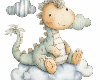 12 Baby Dinosaur Cloud PNG, Dragon Nursery Sky Sublimation Watercolor Graphic Art