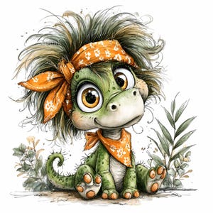 15 Bébé dino PNG - Clipart PNG de dinosaure mignon - Reptile de la jungle drôle dans un bandana pour travaux manuels, art mural, décoration de fête et autocollants pour enfants