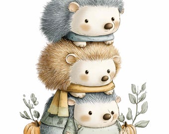 16 Stacked Hedgehog PNG, Autumn Pumpkin Scarf Fall Sublimation Watercolor Graphic