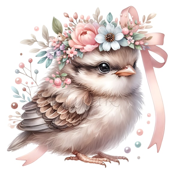12 PNG Baby Bird Clipart – Floral Chick Illustration with Crown, Soft Pastel Nursery