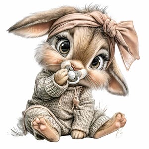 May include: A digitally rendered image of a baby bunny wearing a beige knit outfit and a matching headband with a bow. The bunny is holding a pacifier and has large, expressive eyes. The image has a soft, pastel color palette.