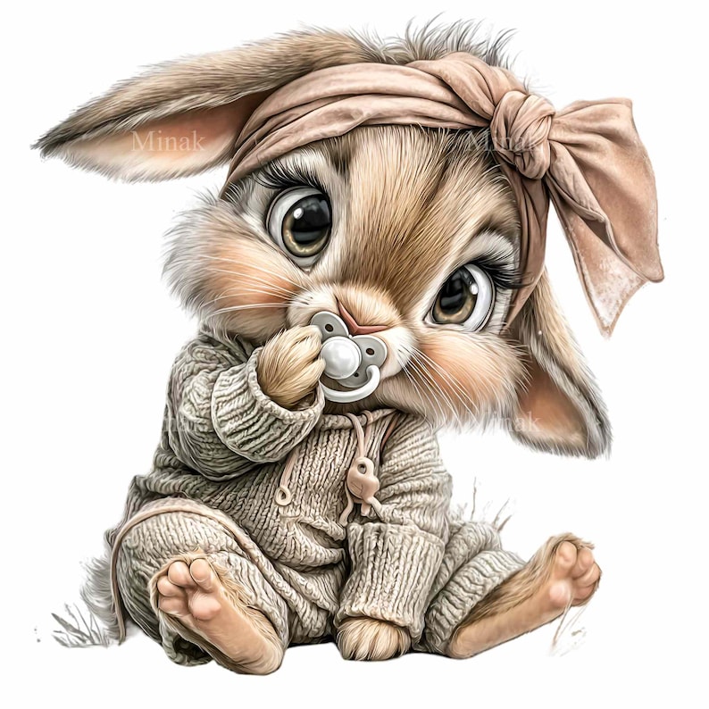 May include: A digitally rendered image of a baby bunny wearing a beige knit outfit and a matching headband with a bow. The bunny is holding a pacifier and has large, expressive eyes. The image has a soft, pastel color palette.