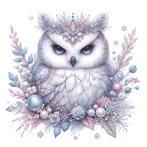 Bundle de cliparts hibou des neiges, 16 PNG aquarelle hiver forêt bébé hibou chambre d'enfant sublimation, fabrication de cartes de Noël, baby shower, carte cadeau