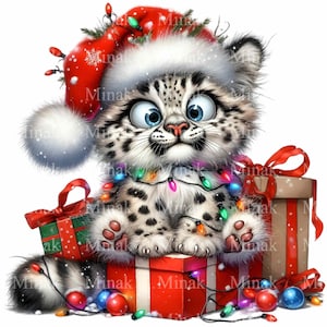 12 PNG Weihnachtsleopard Clipart - Urlaub Schneeleopard PNG - Süßes wildes Tier mit Lichtern und Geschenken für Winterhandwerk und Karten