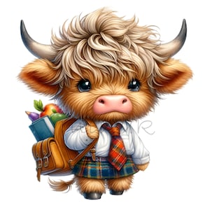 15 PNG, tenue d'école, vache, clipart, veau Highland PNG avec sac à dos et livres