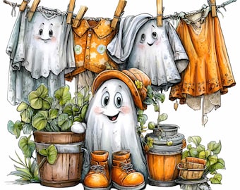 Fil à linge fantôme PNG 15, sublimation d'Halloween, jardin floral d'automne