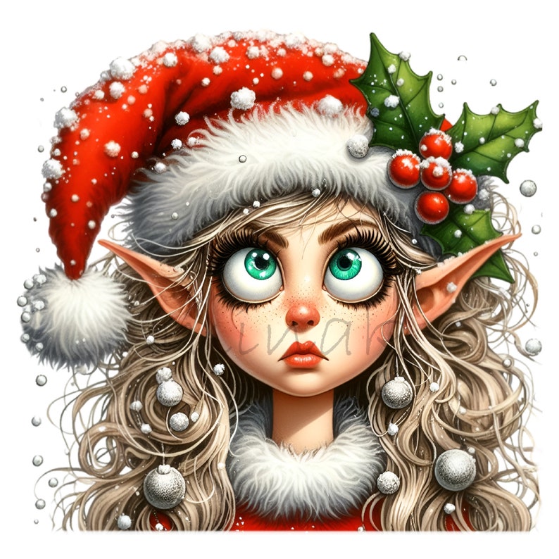 Puede incluir: Un elfo de Navidad con grandes ojos verdes, que lleva un gorro de Pap&aacute; Noel rojo con ribete blanco y una rama de acebo con bayas rojas. El elfo tiene el pelo rubio rizado y est&aacute; rodeado de copos de nieve blancos.