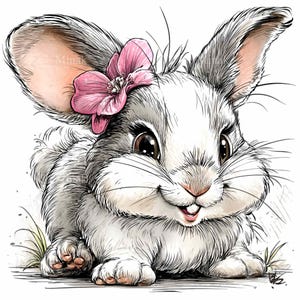 May include: A charming illustration of a bunny with gray and white fur, adorned with a pink flower on its head. The bunny has large, expressive brown eyes and is smiling. The artwork has a soft, watercolor-like quality, perfect for children's decor.