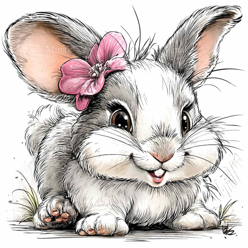 May include: A charming illustration of a bunny with gray and white fur, adorned with a pink flower on its head. The bunny has large, expressive brown eyes and is smiling. The artwork has a soft, watercolor-like quality, perfect for children's decor.