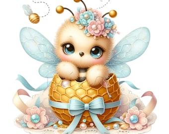 12 PNG Bee Clipart , Honeycomb Fairy Animal Illustration, Floral Spring Nursery Decor