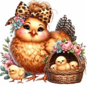 14 Hen and Küken PNG Clipart mit Leopard Schleife und Blumen – Niedliche Bauernhof Tier digitale Kunst für den Frühling und als Kinderzimmer Dekor