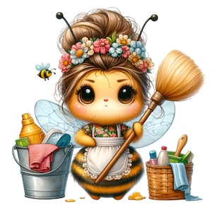 Housekeeper Bee PNG Clipart, Cute Cartoon Bee with Broom and Flowers, Spring Cleaning Digital Art, Nursery Decor Download