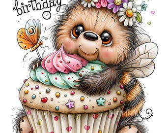 12 PNG Happy Birthday Bee Cupcake, Honeybee Dessert Clipart