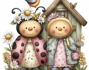 16 PNG Nyckelpiga Trädgård Clipart, Vårblommig Grafik, Barnrumskonst