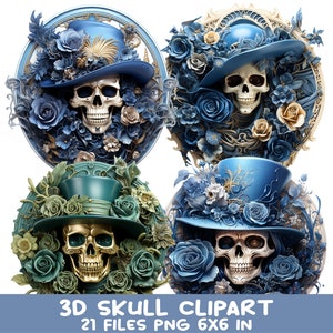 21 PNG Gothic Blumenschädel PNG - 3D Schädel Clipart mit Zylindern - Halloween Vintage Knochen zum Basteln, Dekor, Aufkleber, Sublimation