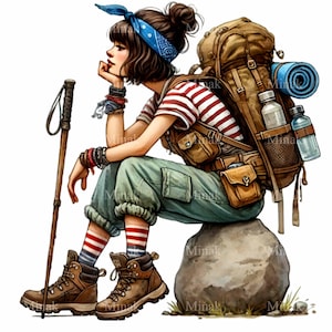 10 cliparts PNG fille randonnée – Routard assise sur un rocher avec bâton, bottes, bandana, bouteilles d'eau et équipement de camping
